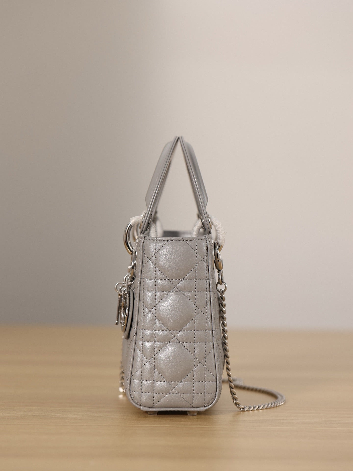 Mini Lady Dior Bag Opaline Gray Pearlescent Lamb Skin Platinum