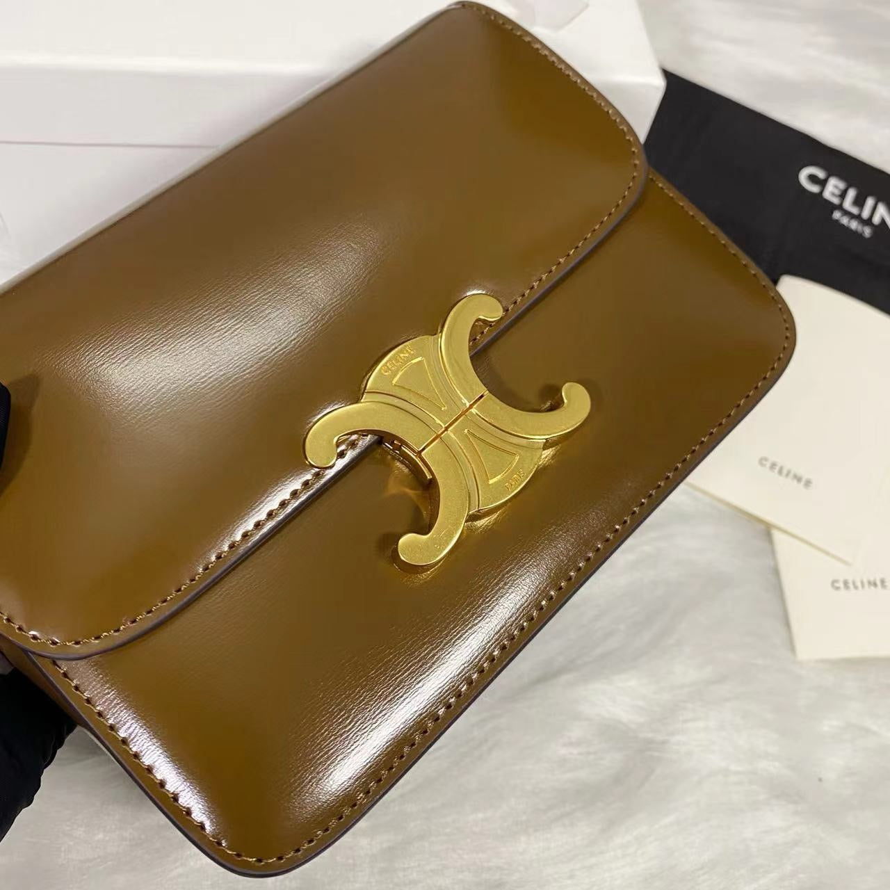 Celine Teen Triomphe Bag Shiny Calf Skin Brown Mid-High Grade