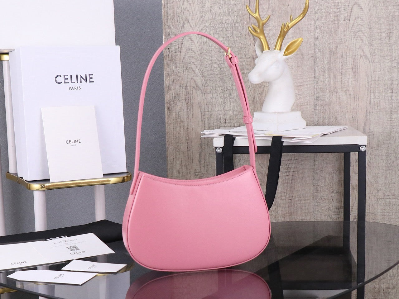 Celine Medium Tilly Bag In Shiny Calfskin Pink Platinum Grade