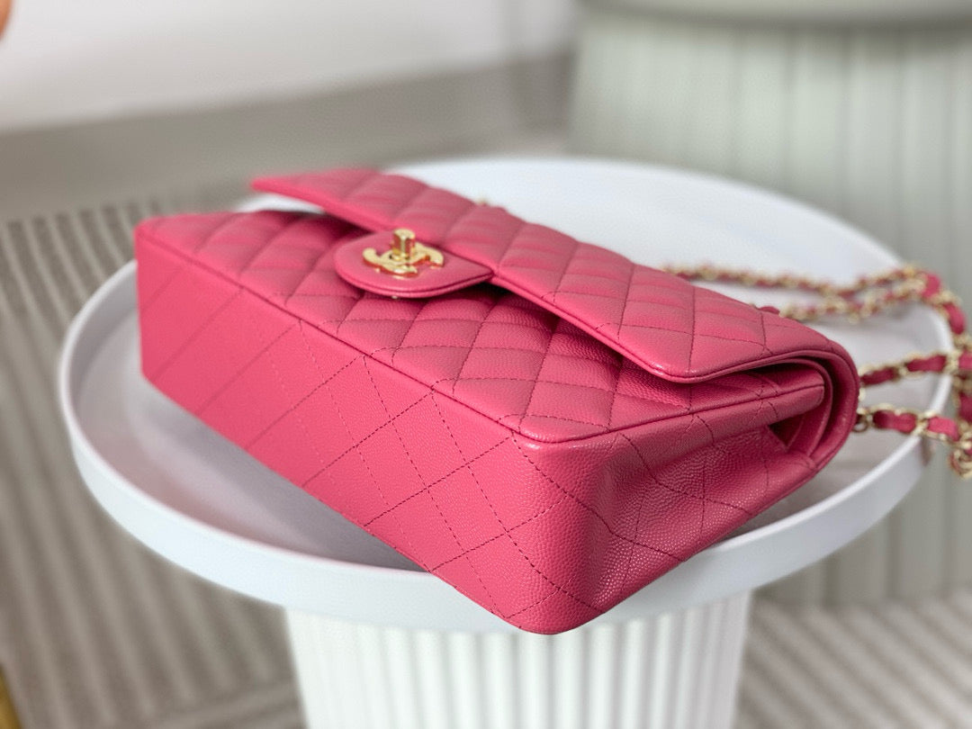 Chanel Classic Flap Bag Grained Calf Skin Hot Pink Platinum Grade