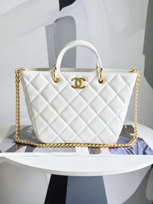 Chanel White Basket Handle Lamb Skin Mid Grade