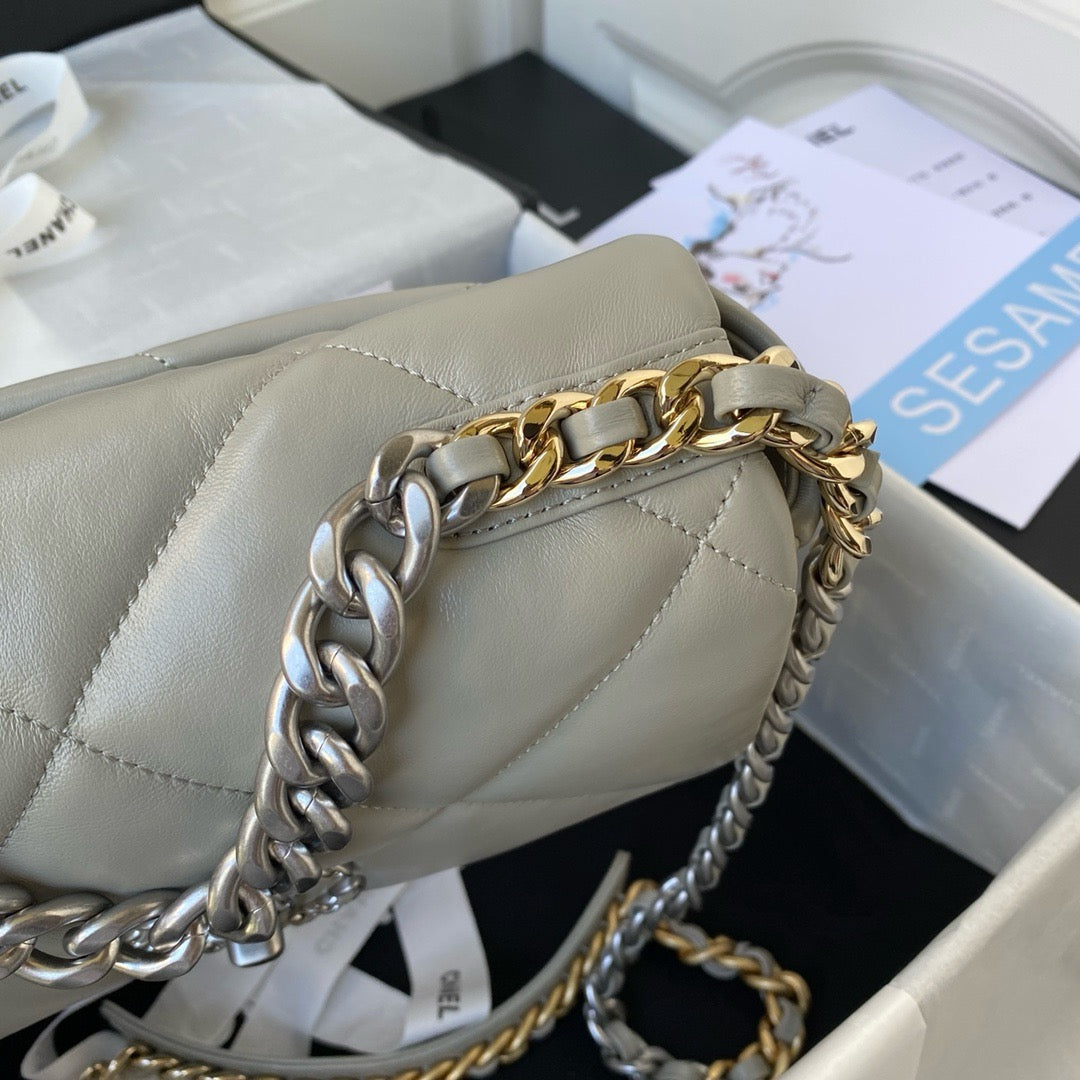 gold and silver chain strap of light grey chanel 19 handbag silver hardware lamb skin