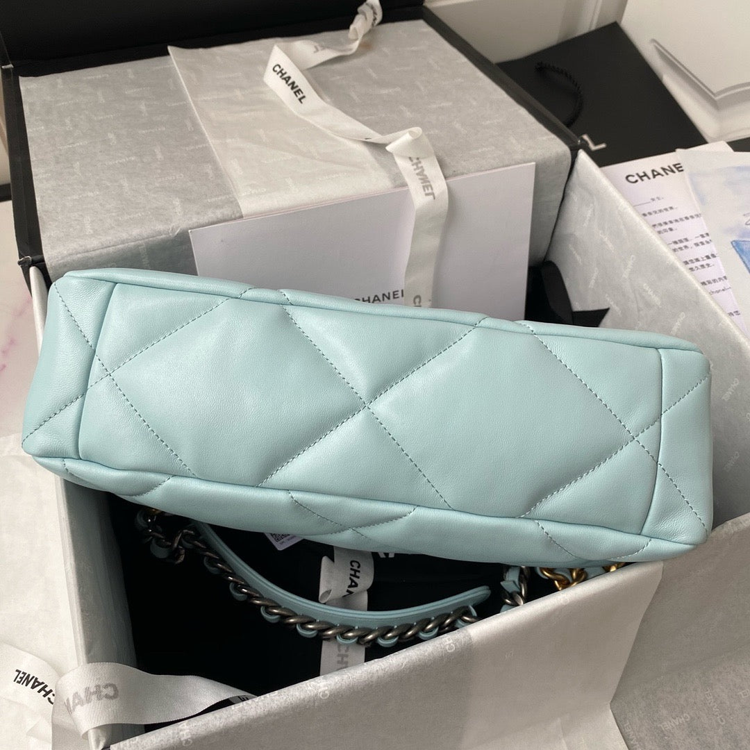 Bottom of chanel 19 handbag in aqua lamb skin