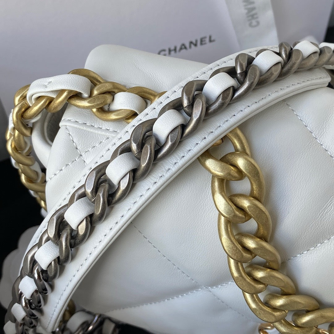 Chanel 19 Handbag White Lamb Skin Gold-Tone Silver-Tone Small