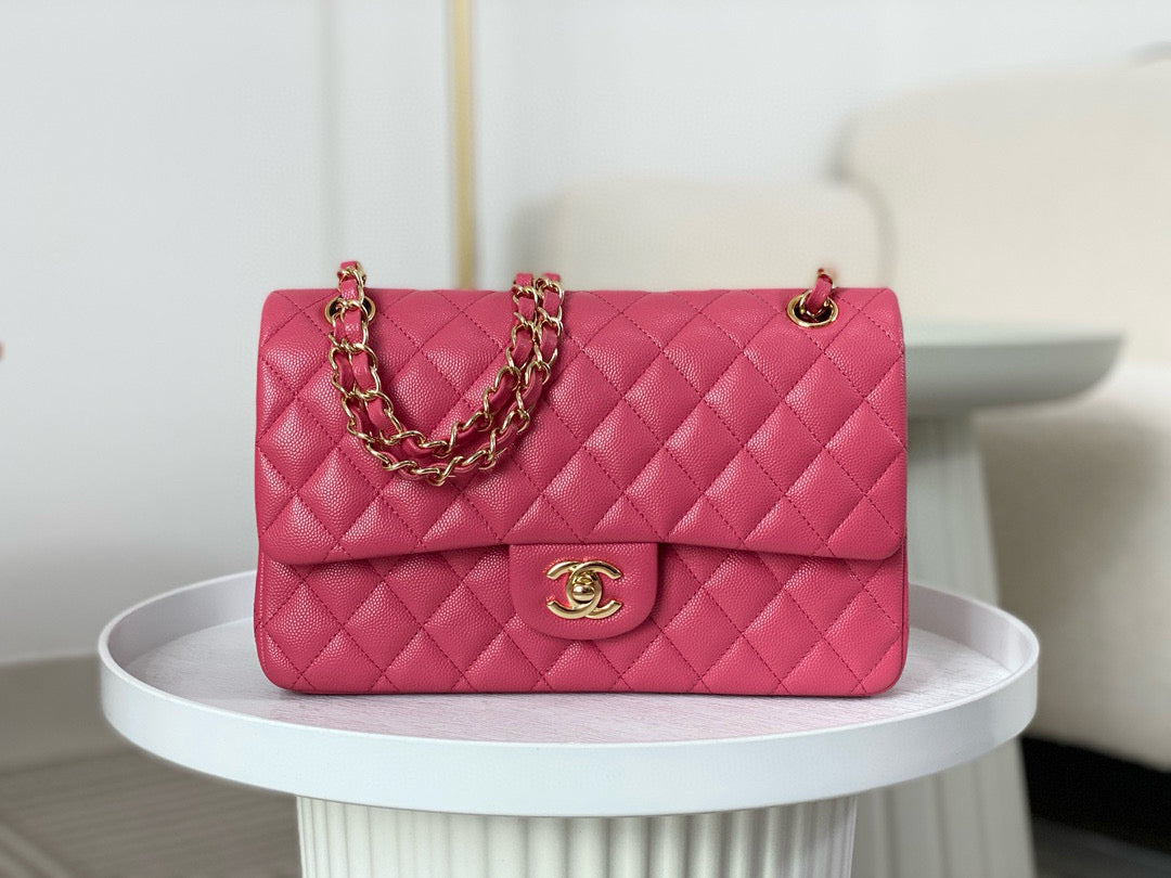 Chanel Classic Flap Bag Grained Calf Skin Hot Pink Platinum Grade