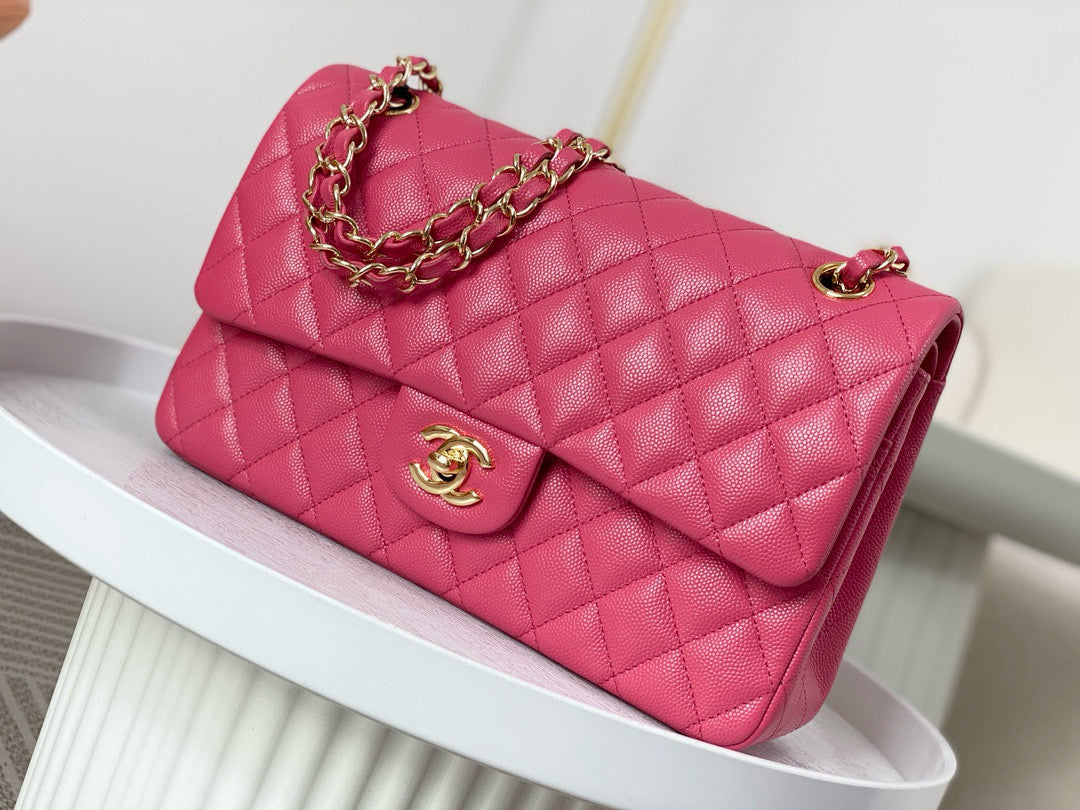 Chanel Classic Flap Bag Grained Calf Skin Hot Pink Platinum Grade