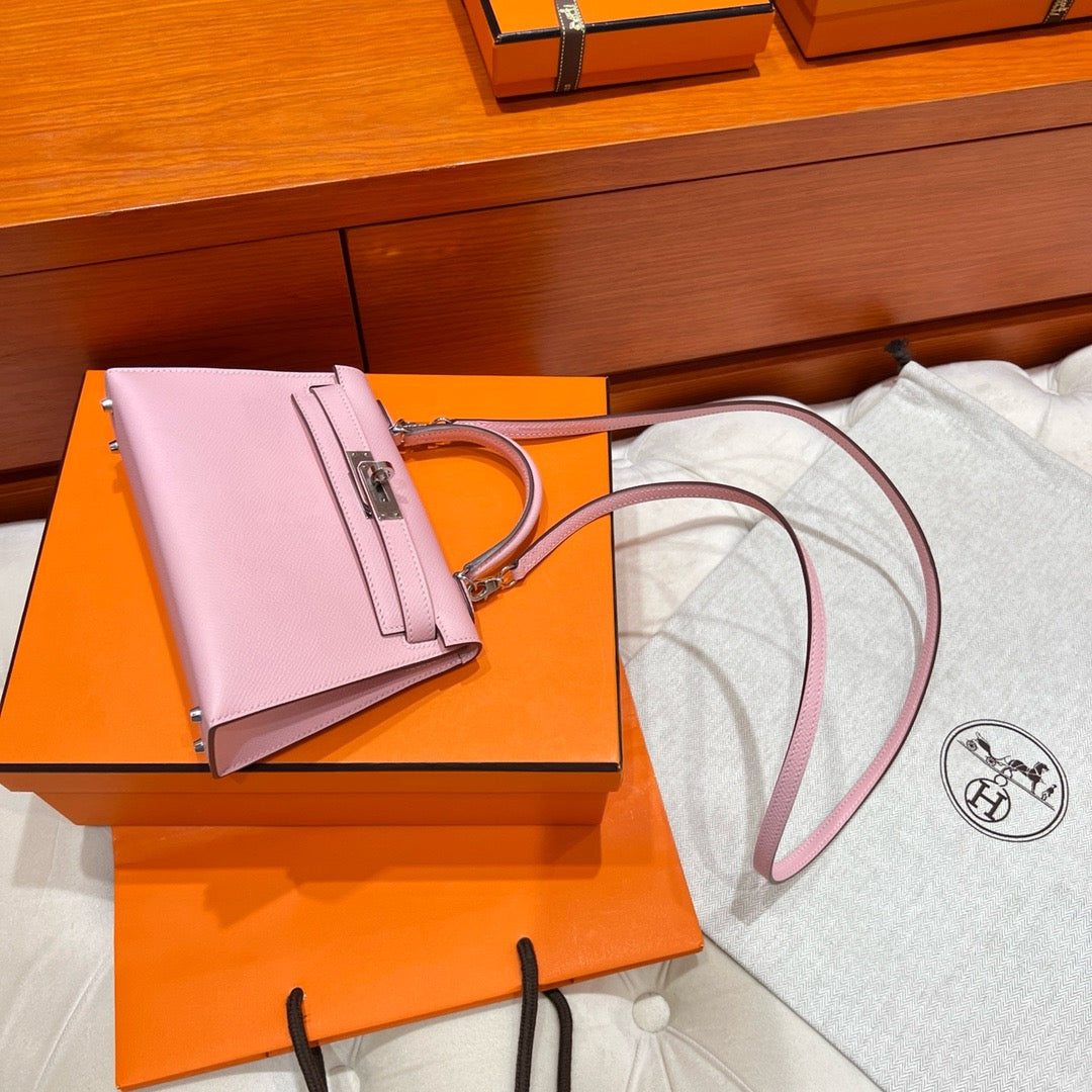 Hermes Mini Pink Kelly Bag Epsom Leather Platinum