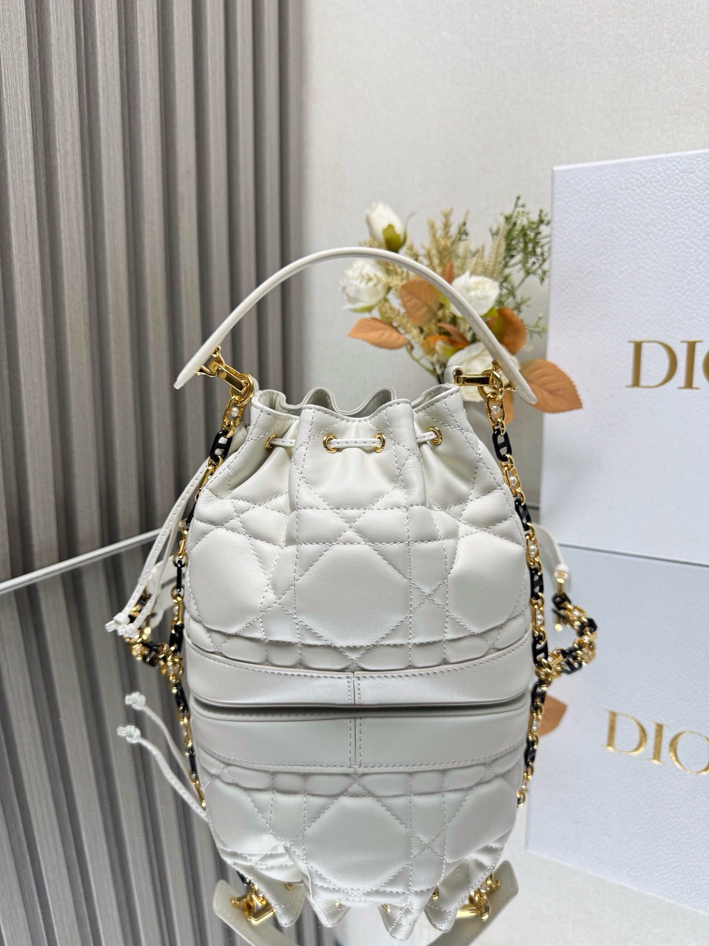 Dior Jolie Small Bucket Bag Lamb Skin Platinum