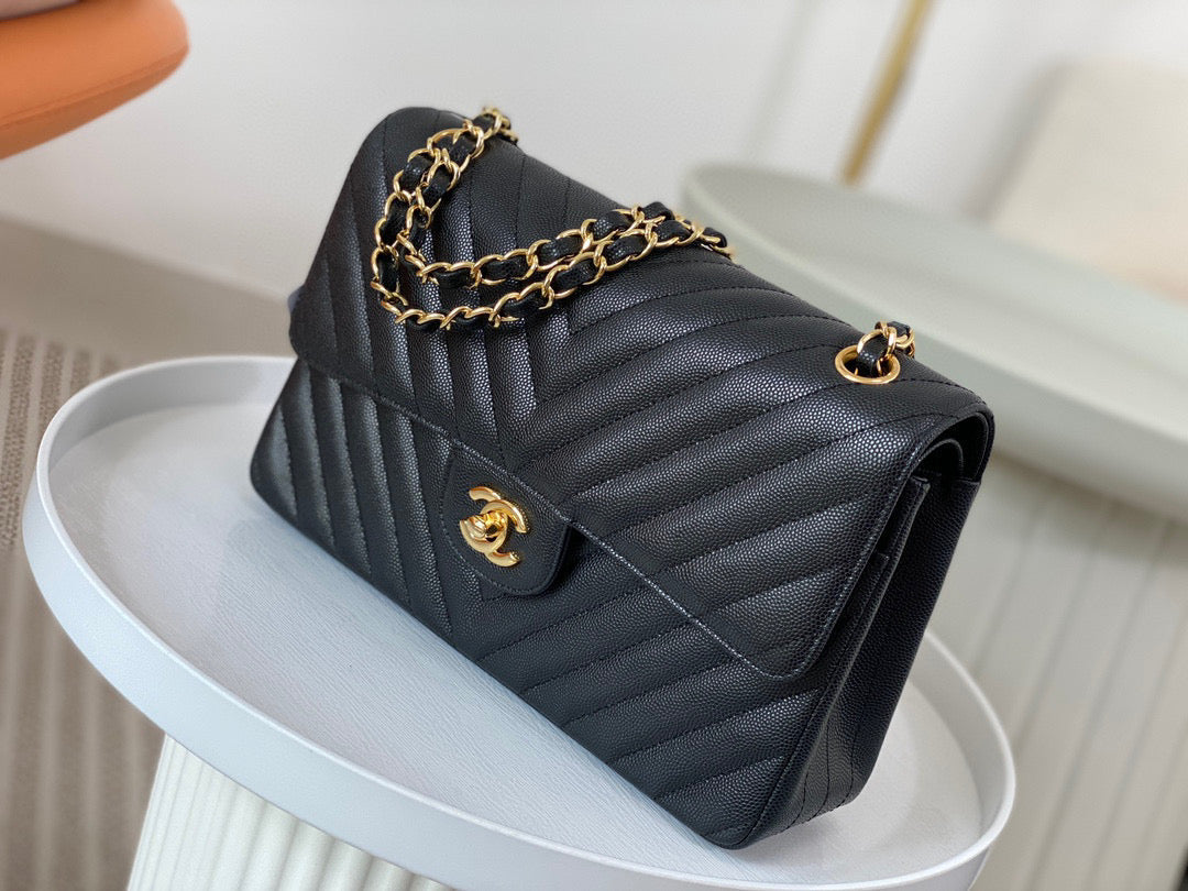 Chanel Chevron Classic Handbag Grained Calf Skin 25cm - High Grade