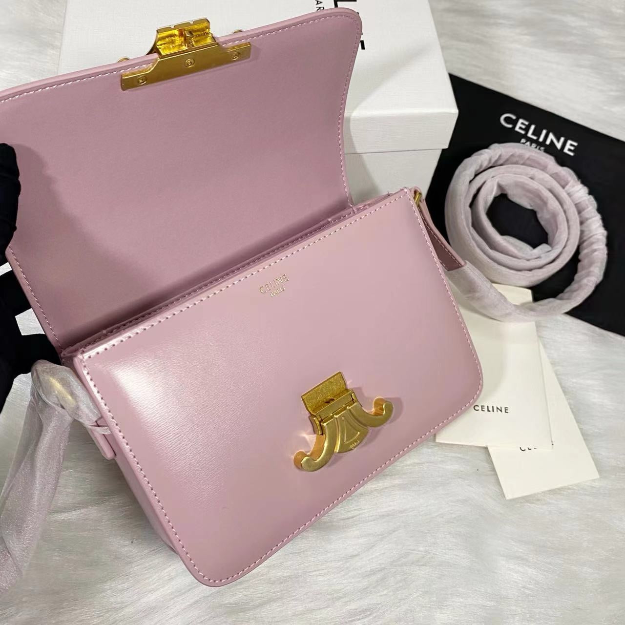 Celine Teen Triomphe Bag Shiny Calf Skin Pink Mid-High Grade