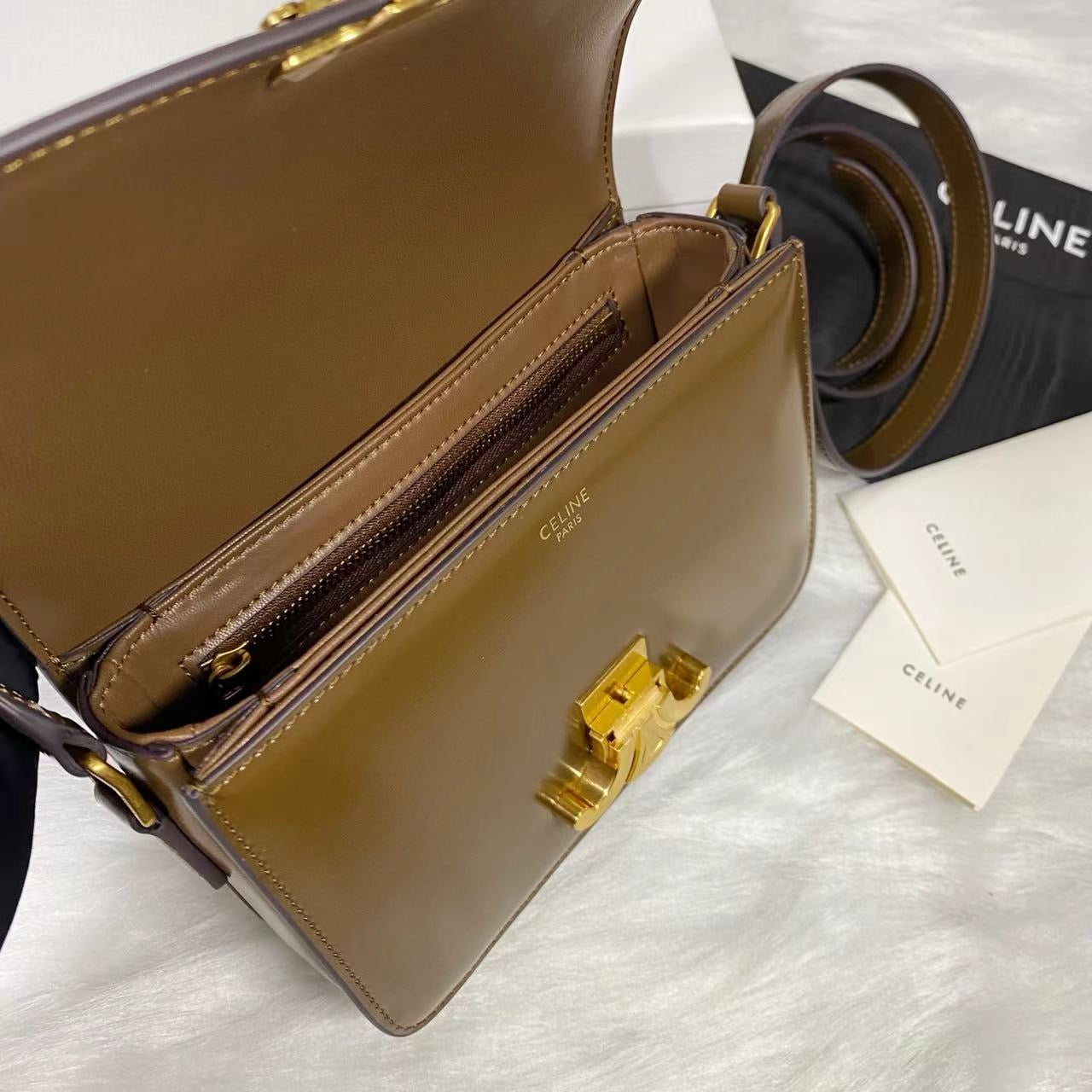 Celine Teen Triomphe Bag Shiny Calf Skin Brown Mid-High Grade