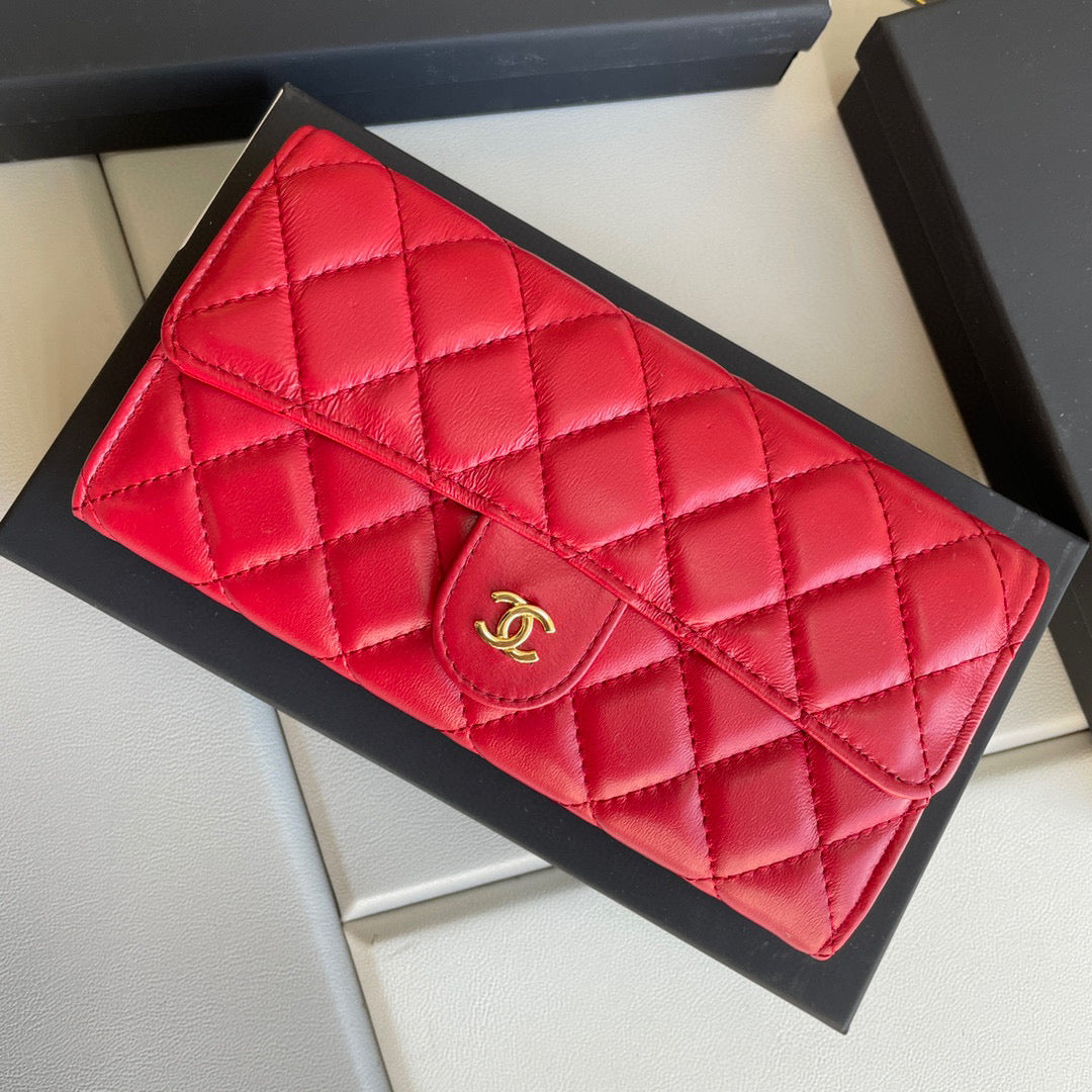 Chanel Long Red Wallet Lamb Skin