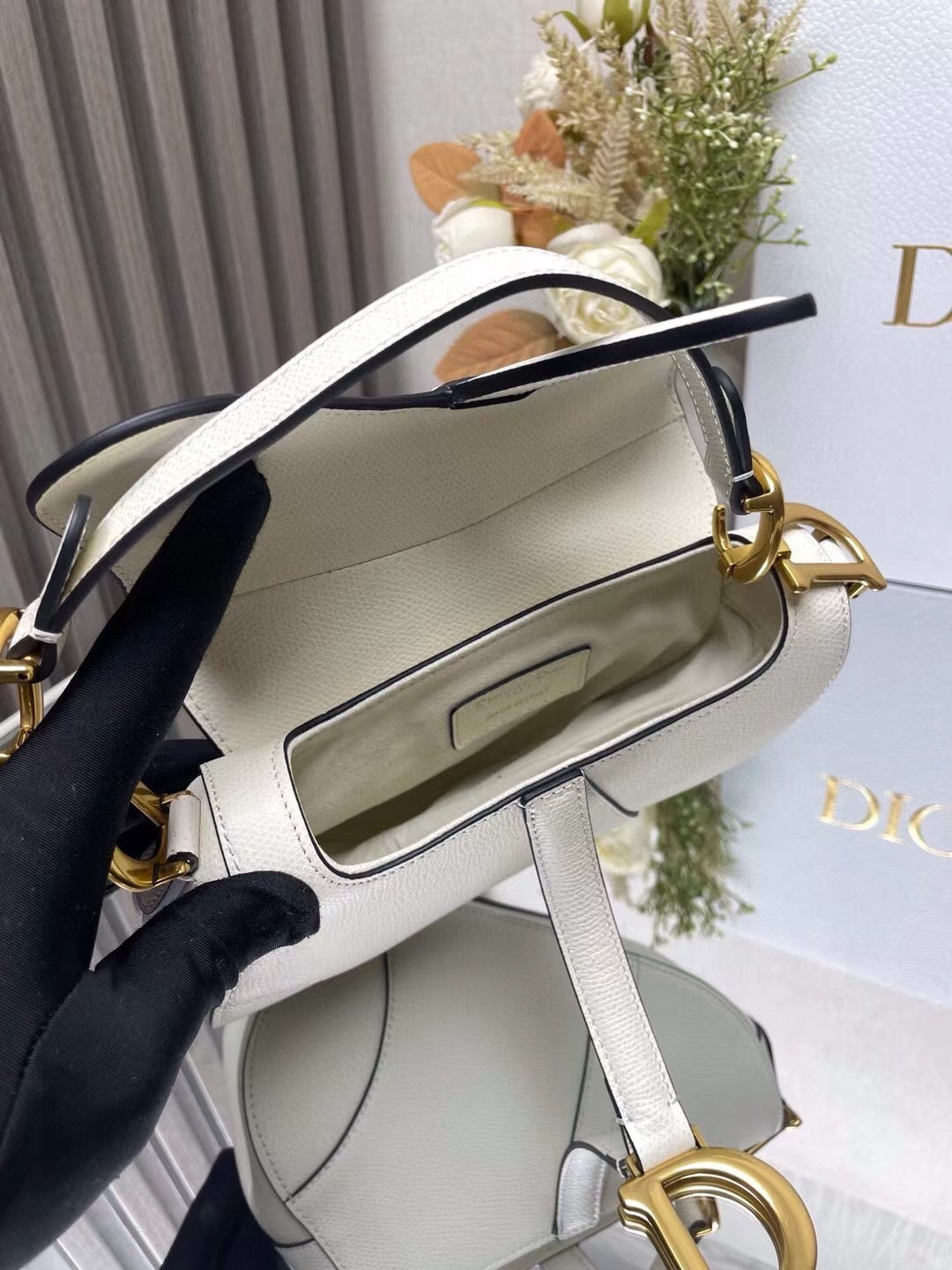 Opening of Dior Saddle Bag with Strap White Grained Calfskin