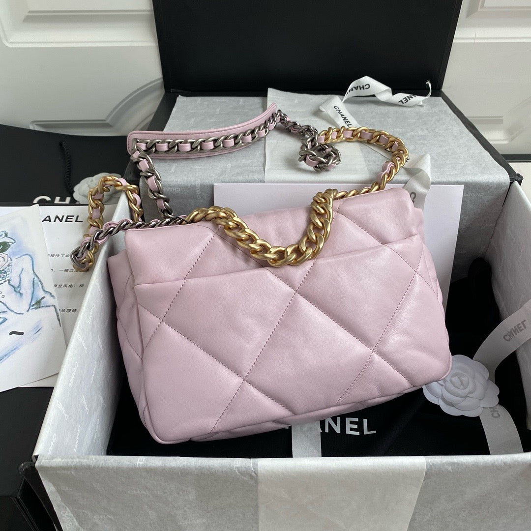 Chanel 19 handbag Pink Lamb Skin Gold-Tone Silver-Tone Small