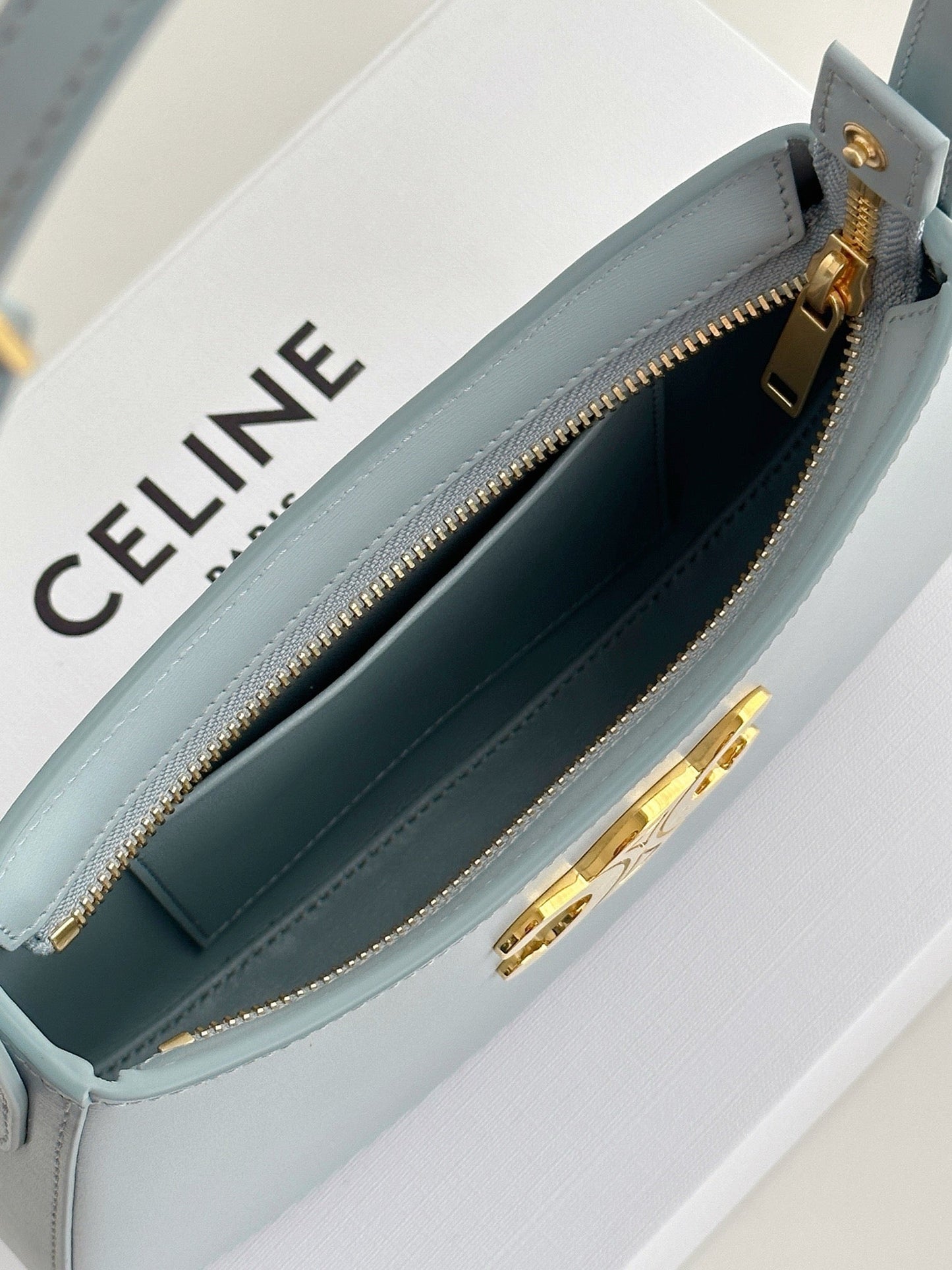 Celine Medium Tilly Bag In Shiny Calfskin Pale Blue Platinum Grade