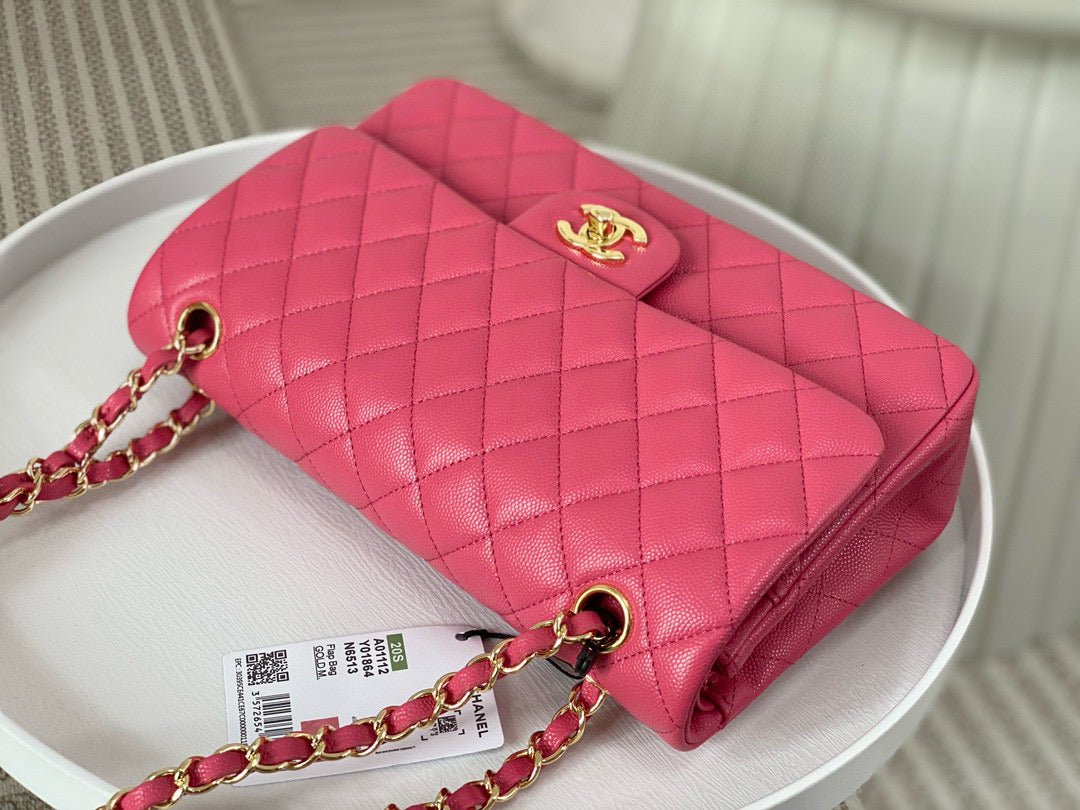 Chanel Classic Flap Bag Grained Calf Skin Hot Pink Platinum Grade