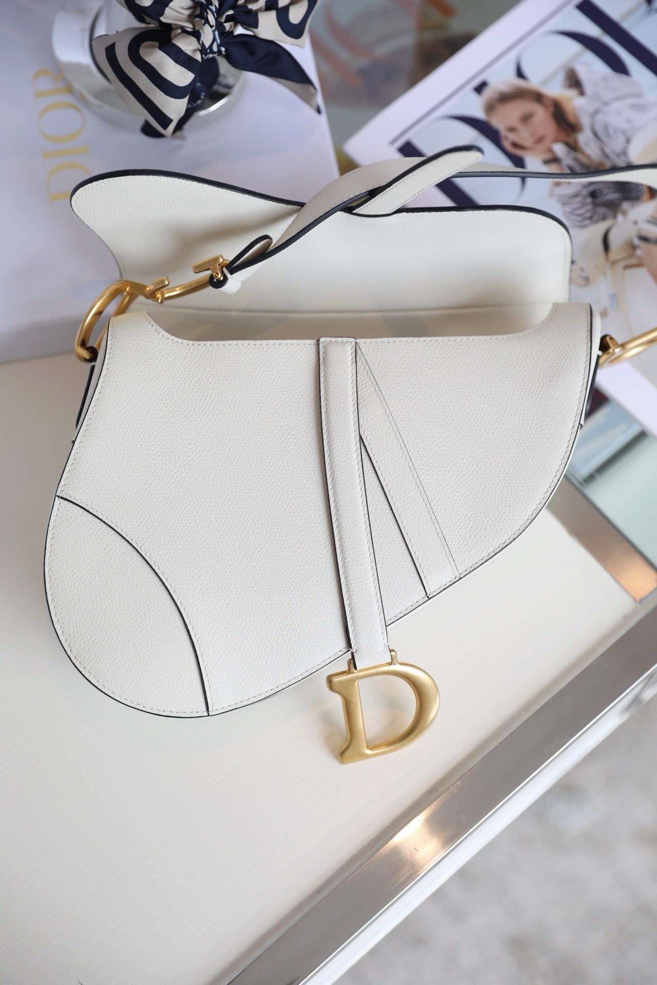 Dior Saddle Bag with Strap White Grained Calfskin High Grade