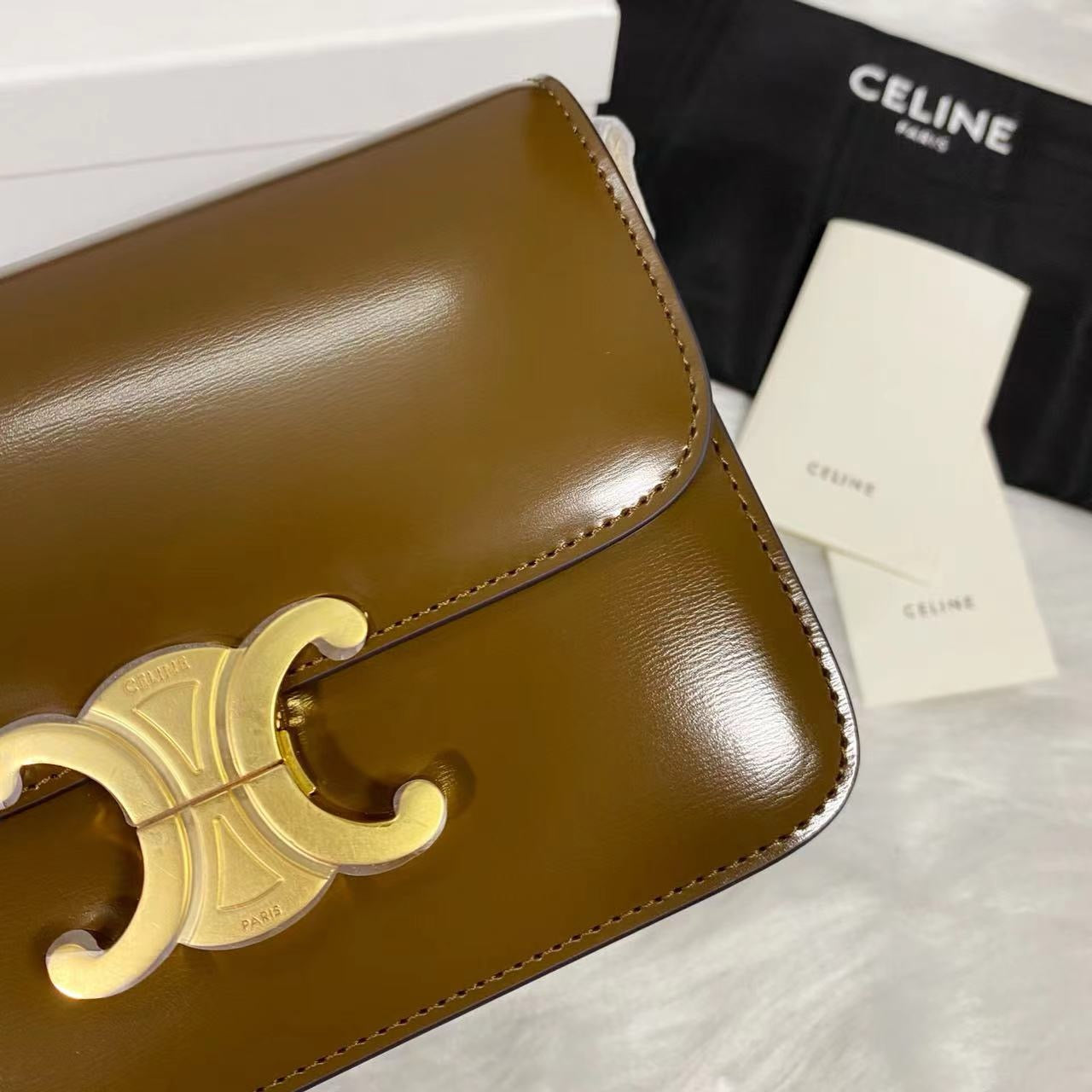 Celine Teen Triomphe Bag Shiny Calf Skin Brown Mid-High Grade