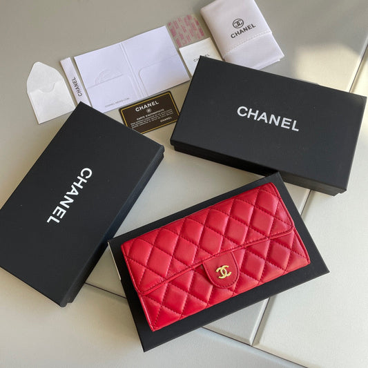 Chanel Long Red Wallet Lamb Skin