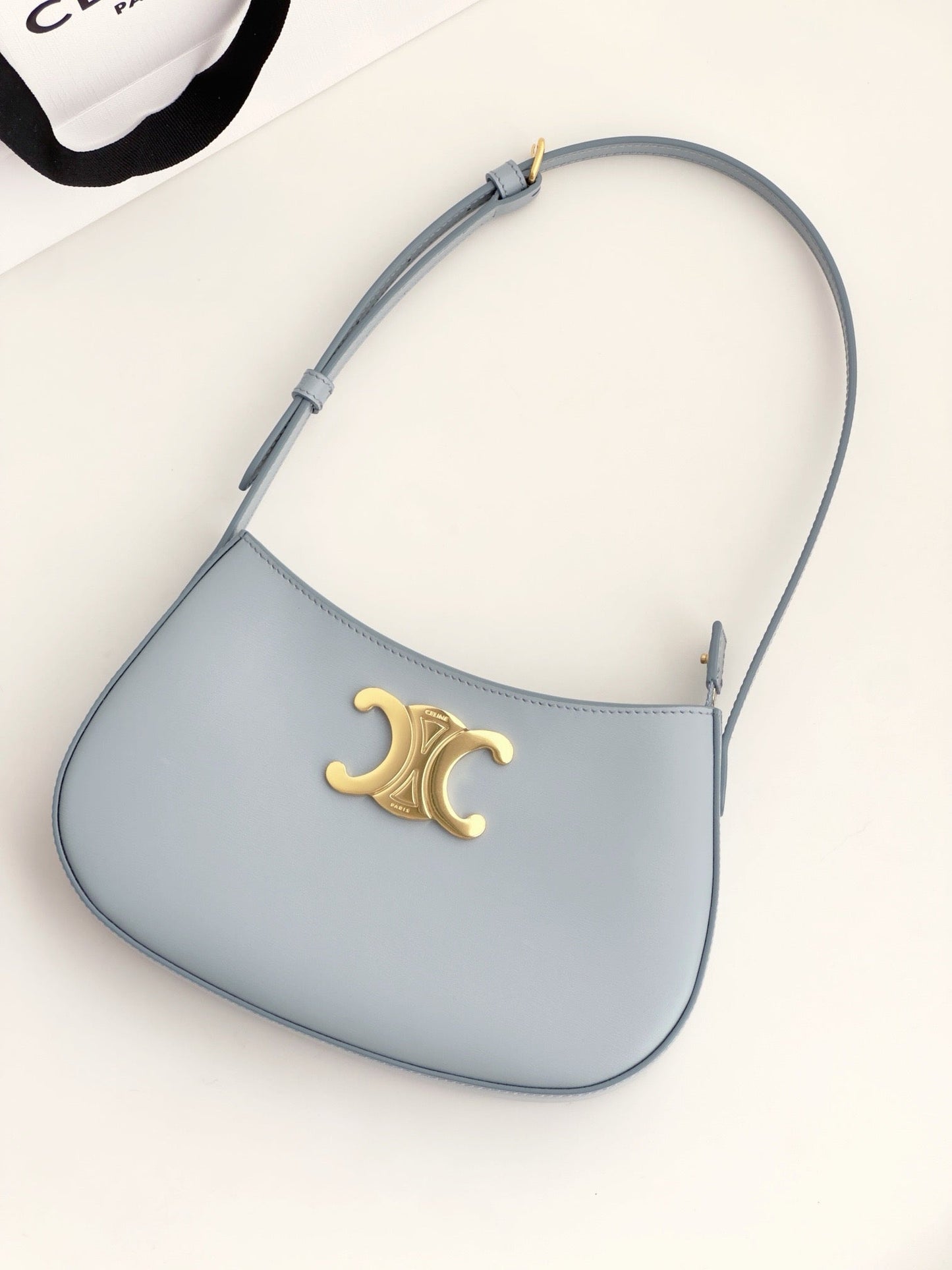 Celine Medium Tilly Bag In Shiny Calfskin Pale Blue Platinum Grade