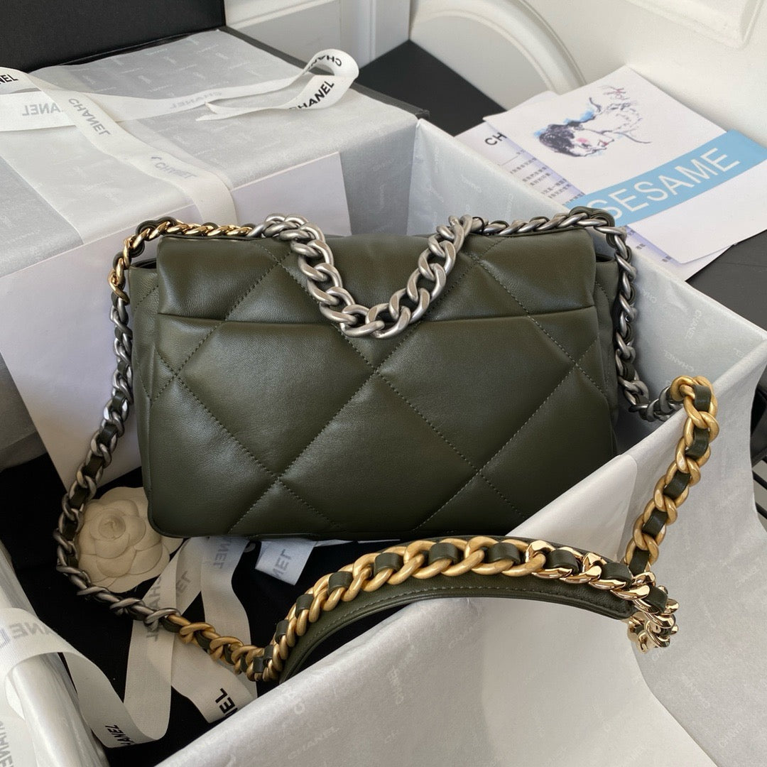 back of khaki chanel 19 handbag lamb skin silver hardware