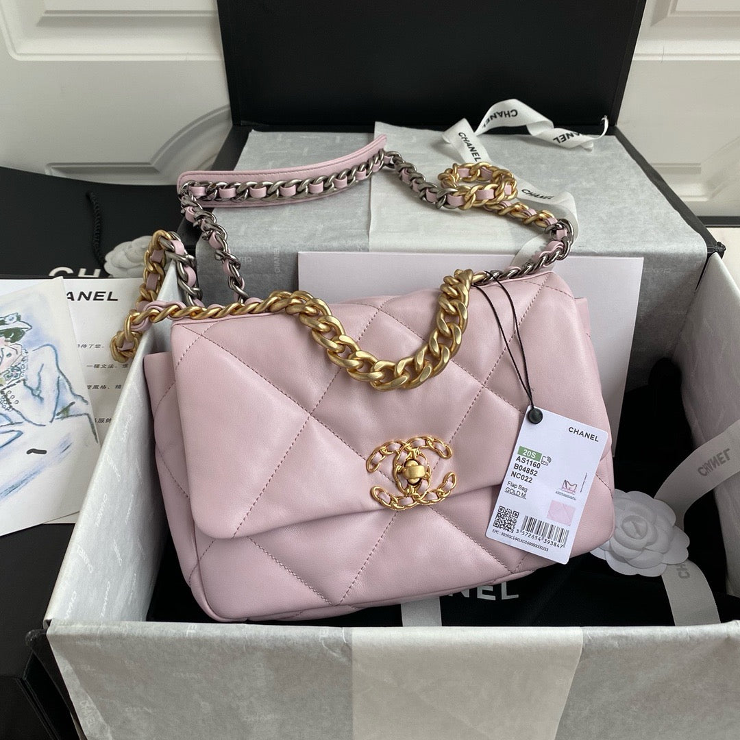 Chanel 19 handbag Pink Lamb Skin Gold-Tone Silver-Tone Small