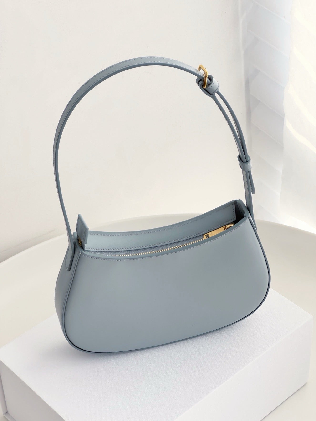 Celine Medium Tilly Bag In Shiny Calfskin Pale Blue Platinum Grade