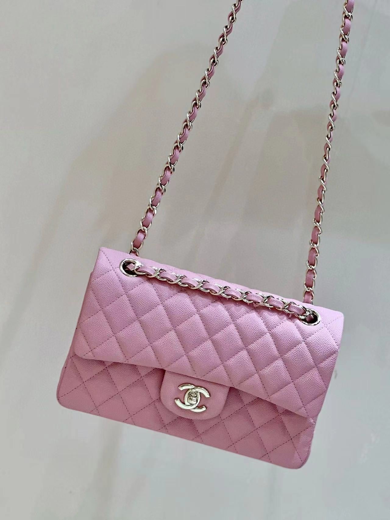 Platinum Grade Chanel Pink Classic Flap Bag Grained Calf Skin Medium