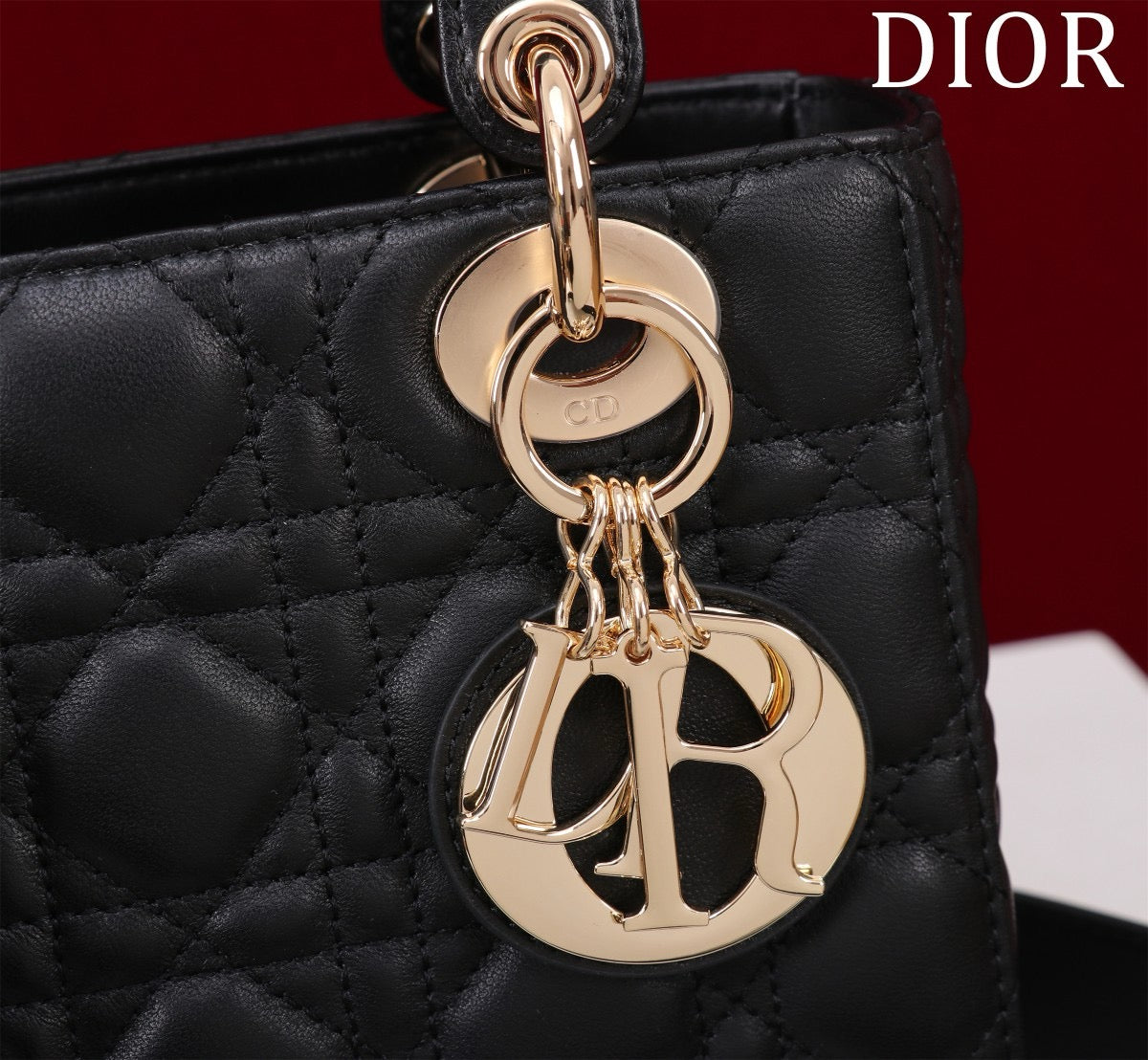 light gold hardware of lady dior bag