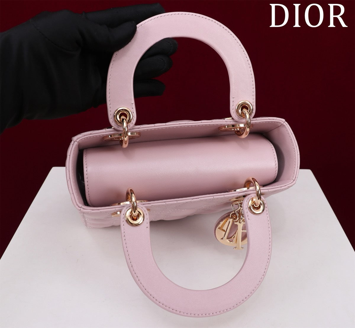 top view of lamb skin lady dior bag