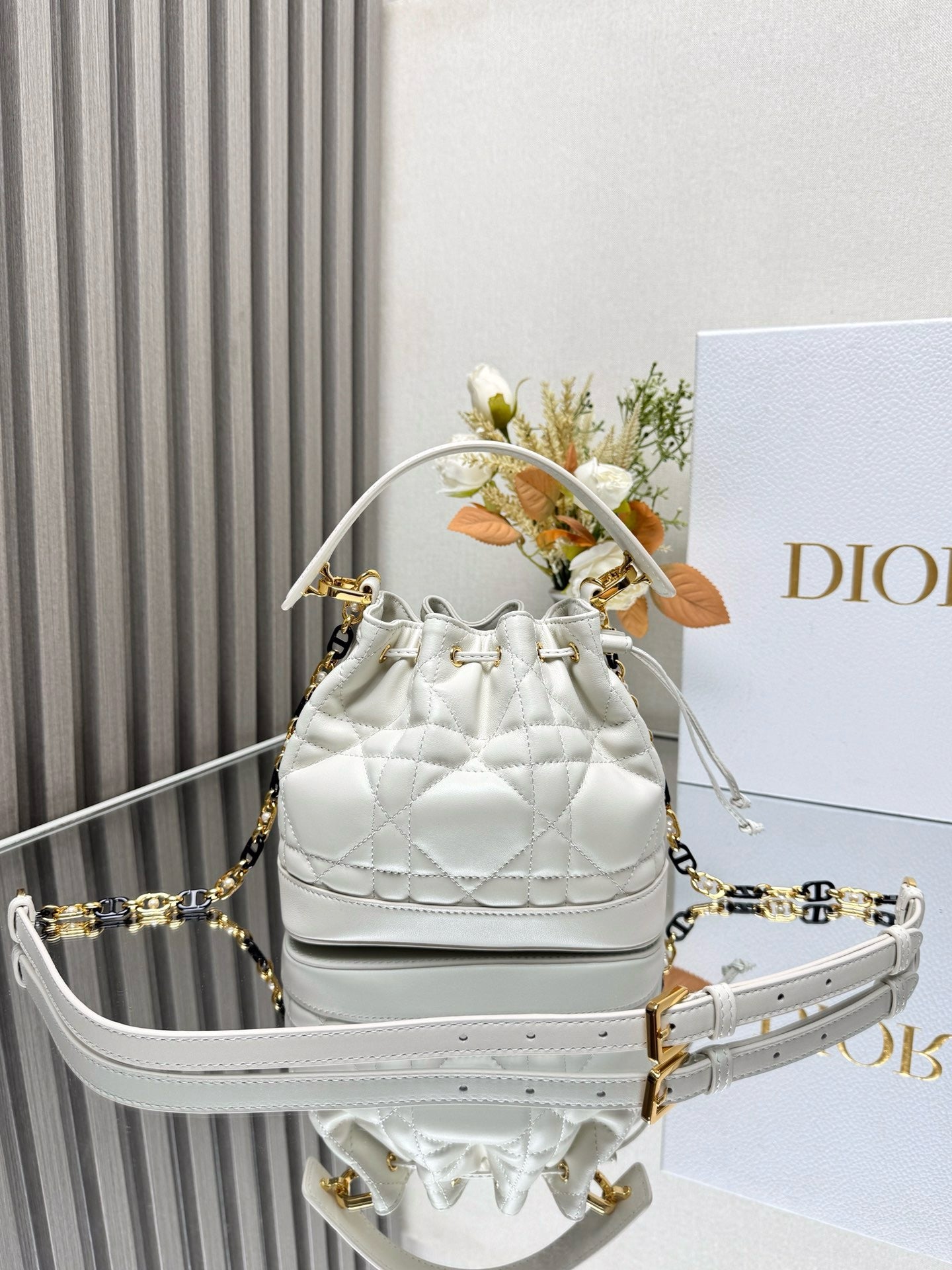 Dior Jolie Small Bucket Bag Lamb Skin Platinum