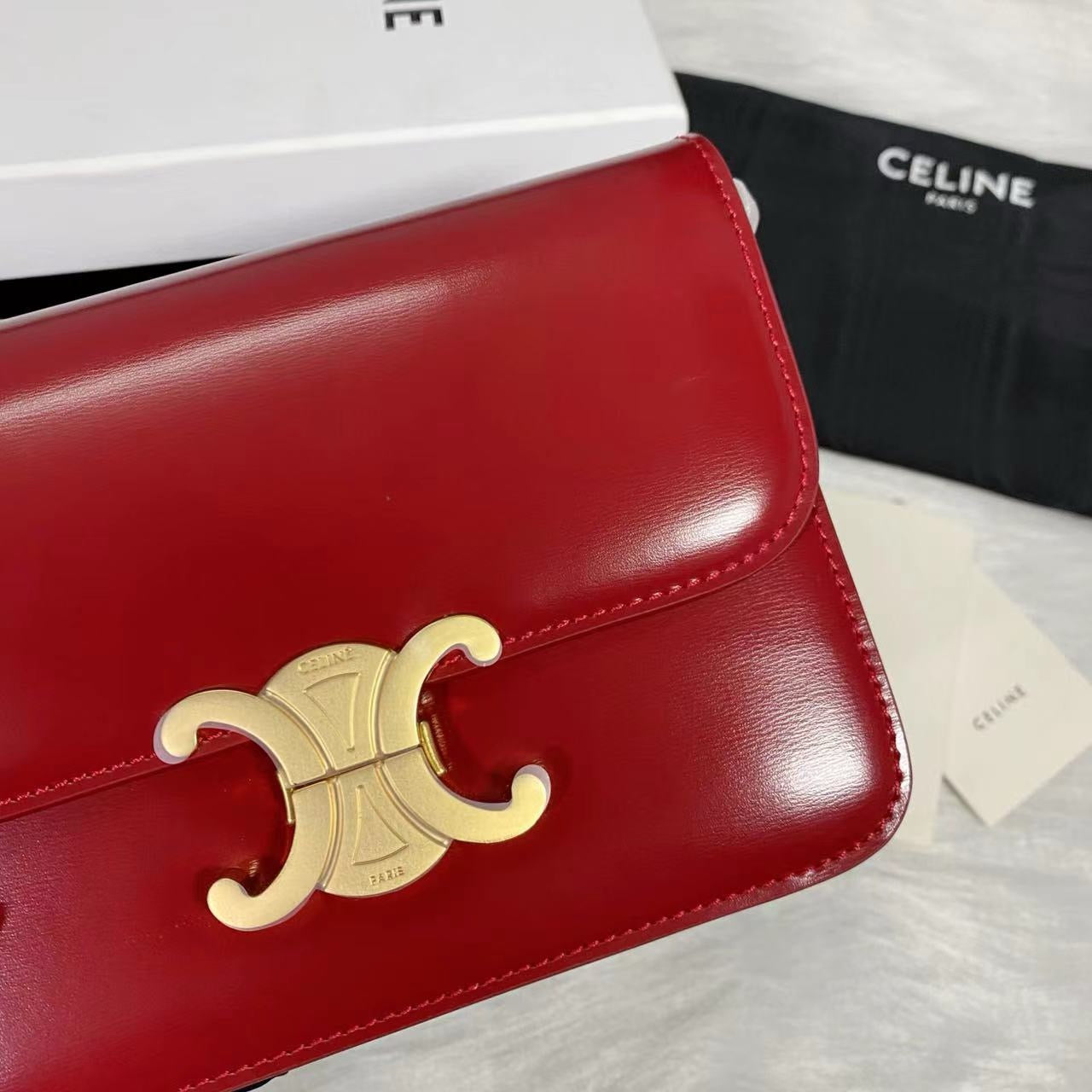 Celine Teen Triomphe Bag Shiny Calf Skin Red Mid-High Grade