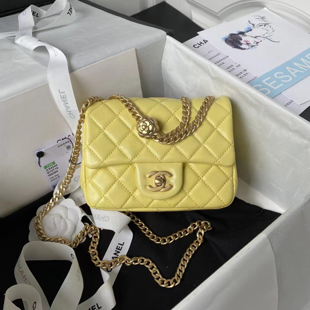 Chanel Lamb Skin Camellia Chain Crossbody Shoulder Bag Yellow High Grade