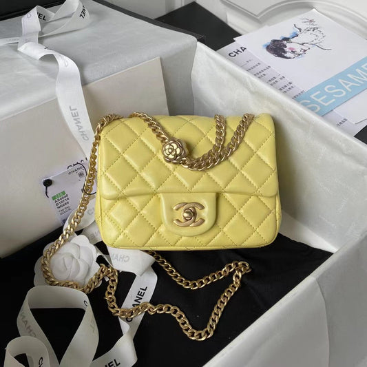 Chanel Lamb Skin Camellia Chain Crossbody Shoulder Bag Yellow High Grade