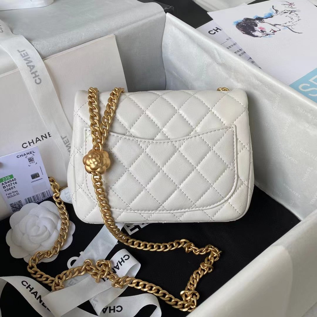 Chanel Lamb Skin Camellia Chain Crossbody Shoulder Bag White High Grade