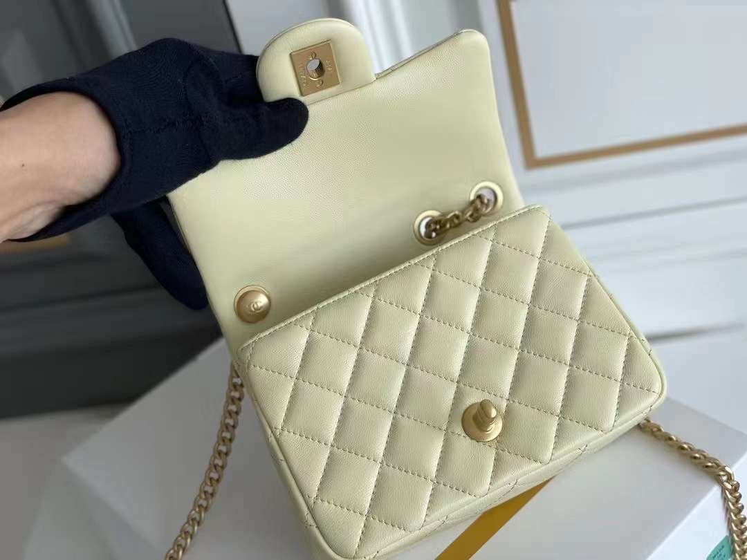 Chanel Lamb Skin Camellia Chain Crossbody Shoulder Bag Lemon High Grade