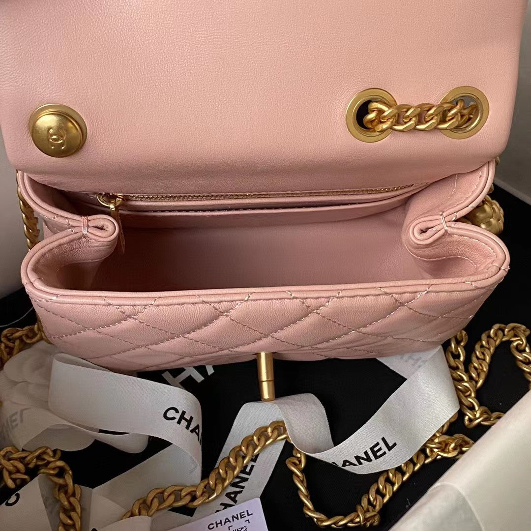 Chanel Lamb Skin Camellia Chain Crossbody Shoulder Bag Pink High Grade