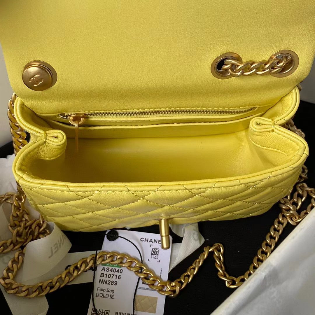 Chanel Lamb Skin Camellia Chain Crossbody Shoulder Bag Yellow High Grade