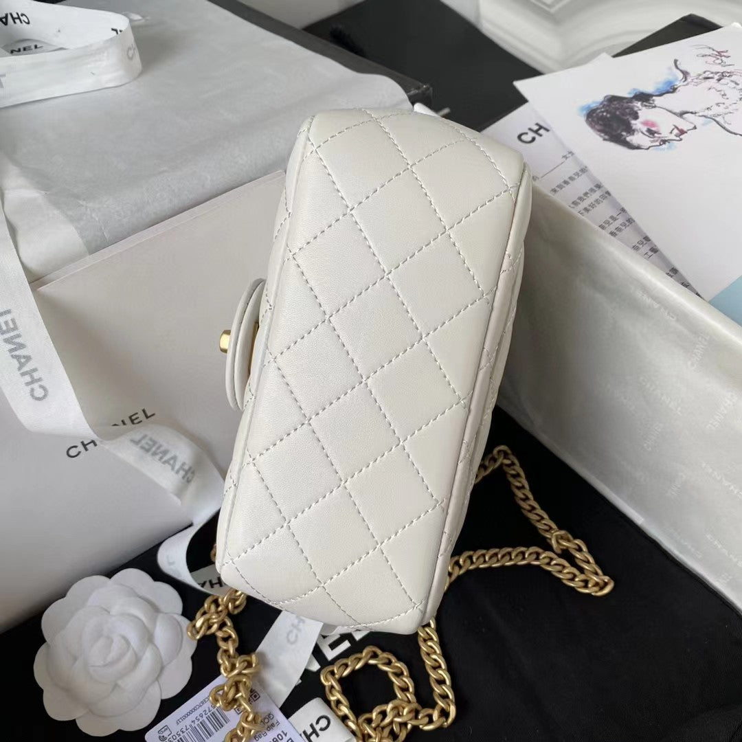 Chanel Lamb Skin Camellia Chain Crossbody Shoulder Bag White High Grade