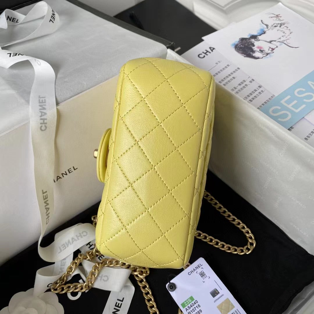 Chanel Lamb Skin Camellia Chain Crossbody Shoulder Bag Yellow High Grade