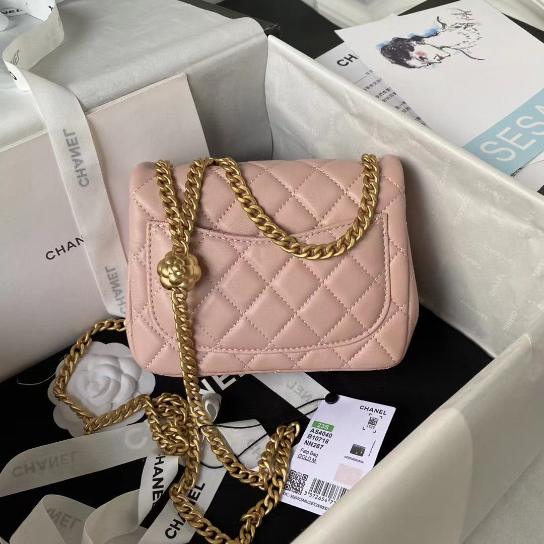 Chanel Lamb Skin Camellia Chain Crossbody Shoulder Bag Pink High Grade