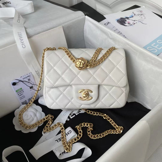 Chanel Lamb Skin Camellia Chain Crossbody Shoulder Bag White High Grade