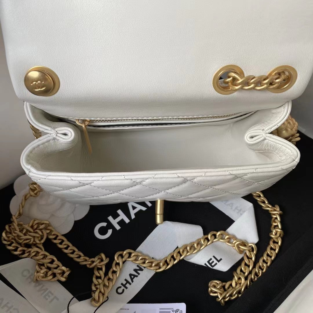 Chanel Lamb Skin Camellia Chain Crossbody Shoulder Bag White High Grade