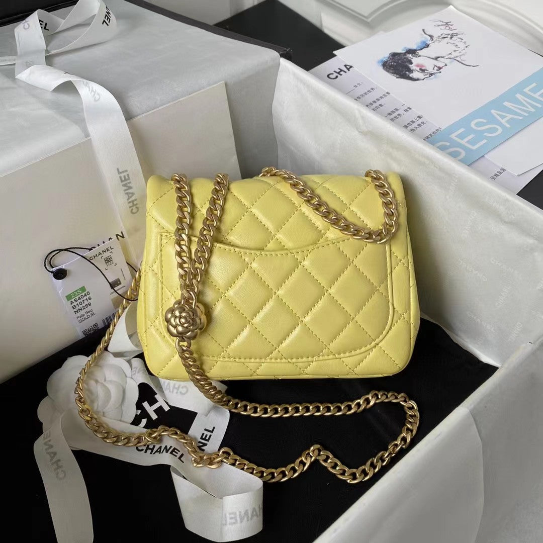 Chanel Lamb Skin Camellia Chain Crossbody Shoulder Bag Yellow High Grade