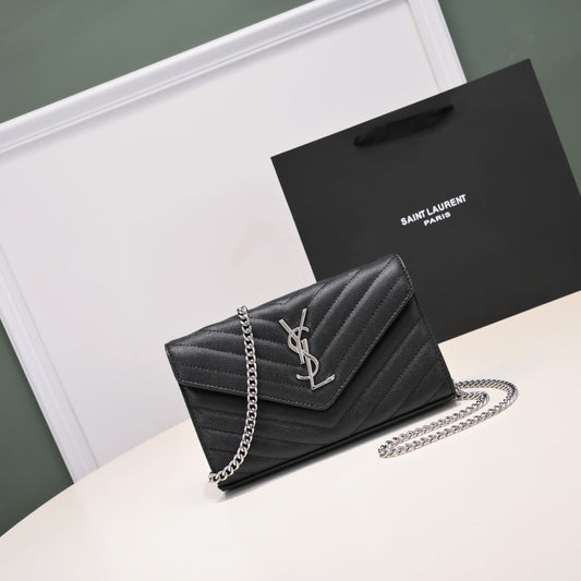 YSL Cassandre Wallet Chain Lamb Skin black Silver hardware