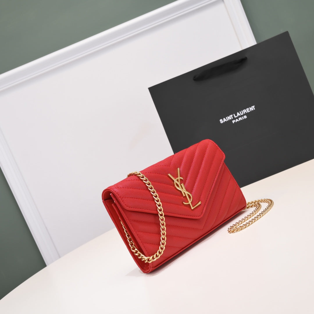 YSL Cassandre Wallet Chain Lamb Skin Red Grade 1