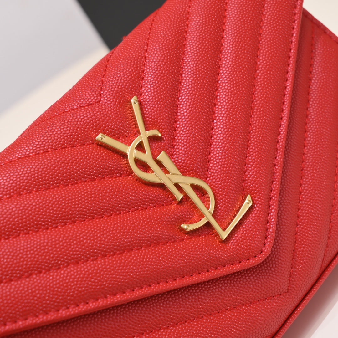 YSL Cassandre Wallet Chain Lamb Skin Red Grade 1