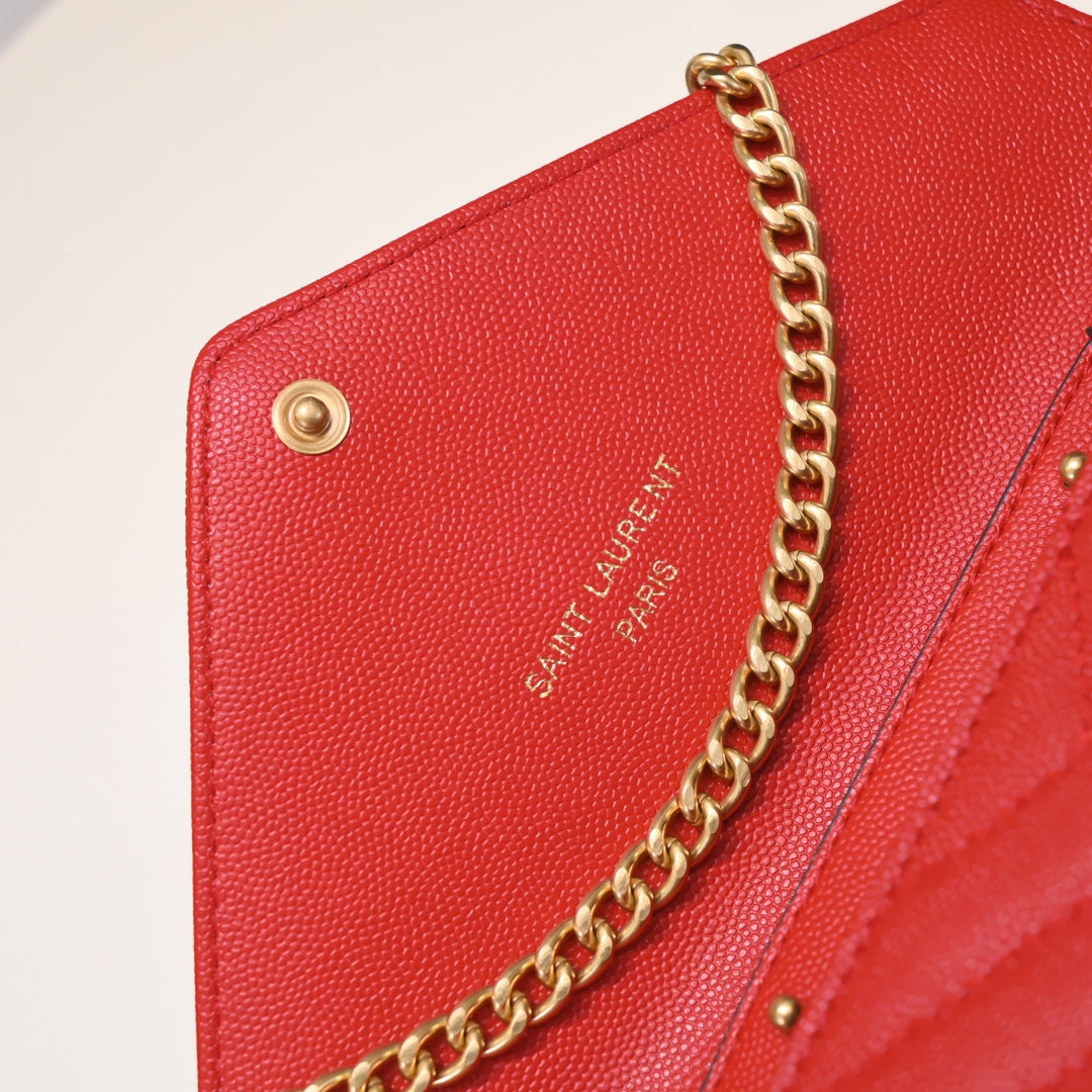 YSL Cassandre Wallet Chain Lamb Skin Red Grade 1