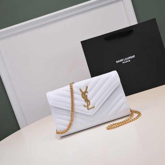 YSL Cassandre Wallet Chain Lamb Skin White Grade 1