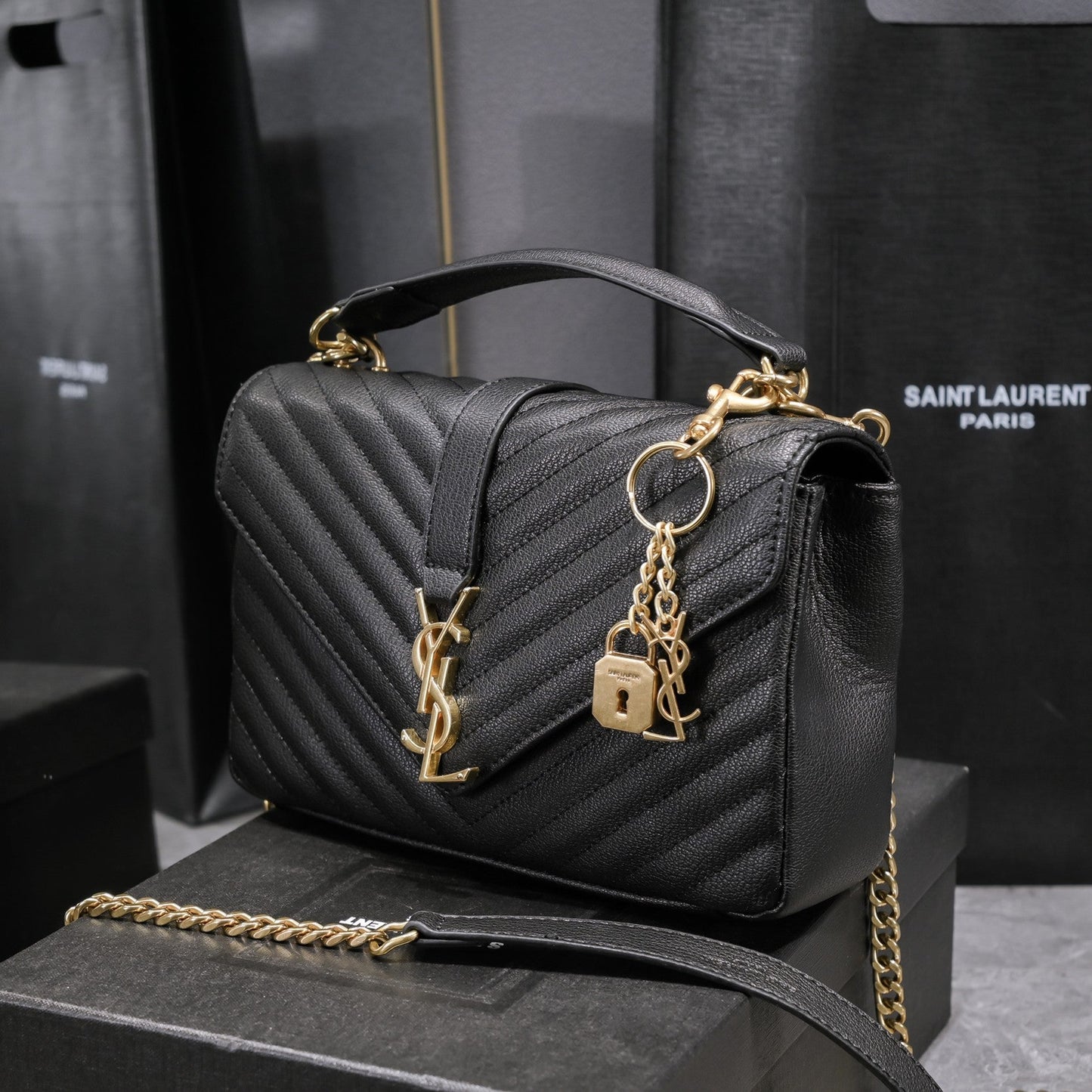 YSL College Medium Quilted Leather Lamb Skin Black Grade 1